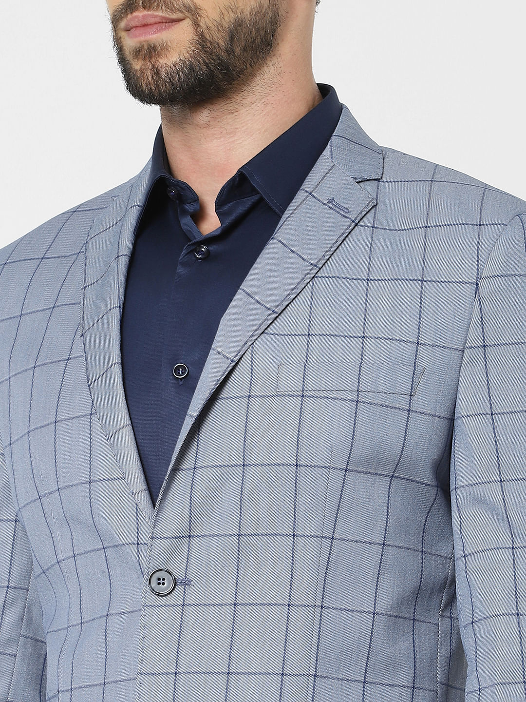Light Blue Check Slim Fit Suit Blazer