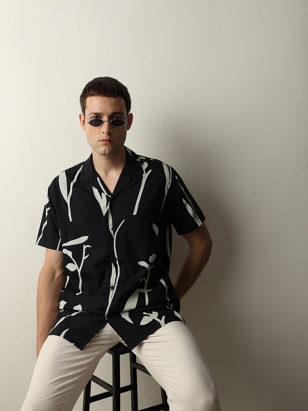 Dark Blue Printed Cuban Collar Shirt