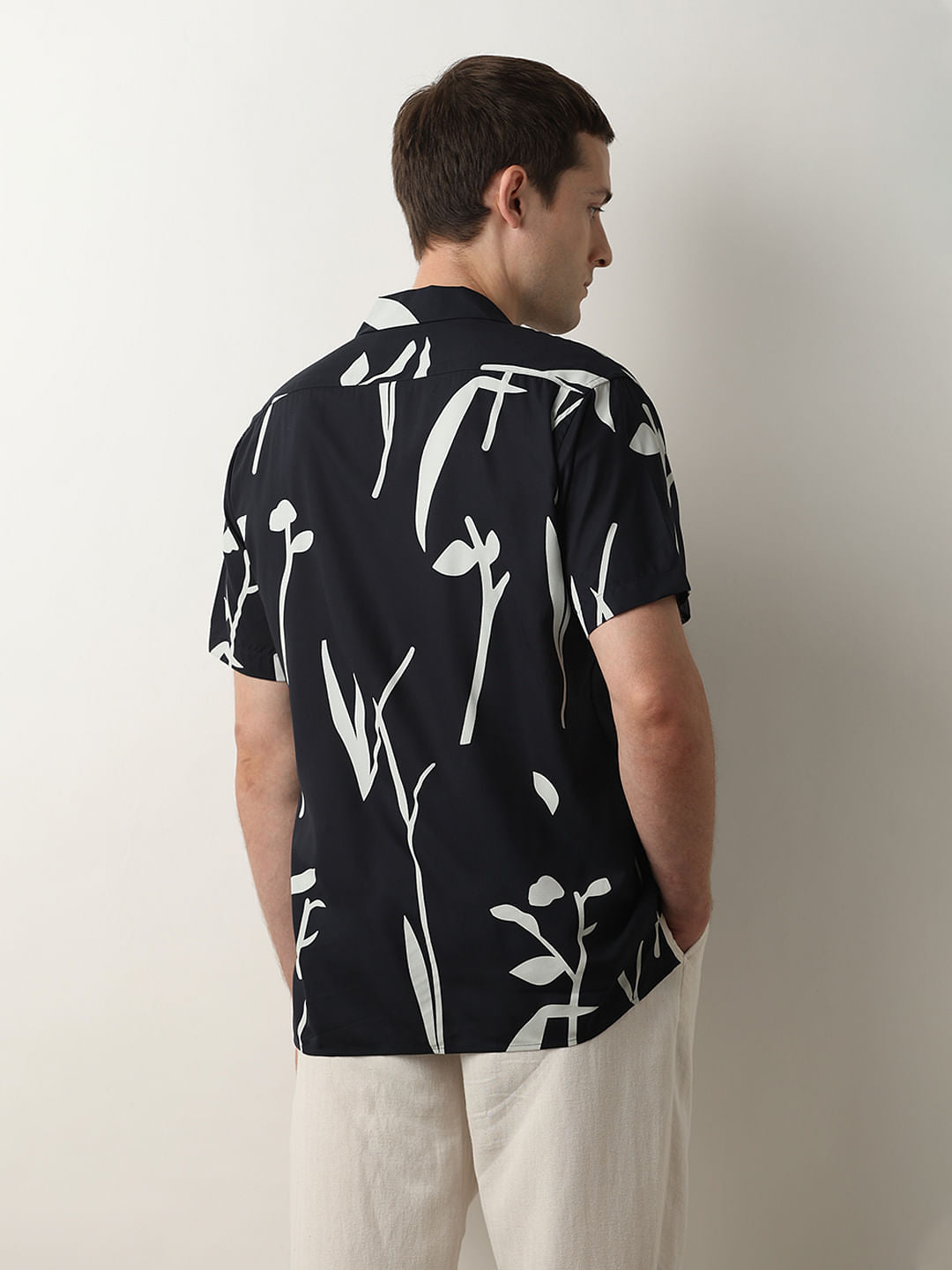 Dark Blue Printed Cuban Collar Shirt