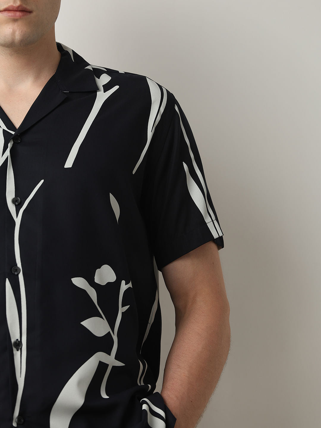 Dark Blue Printed Cuban Collar Shirt