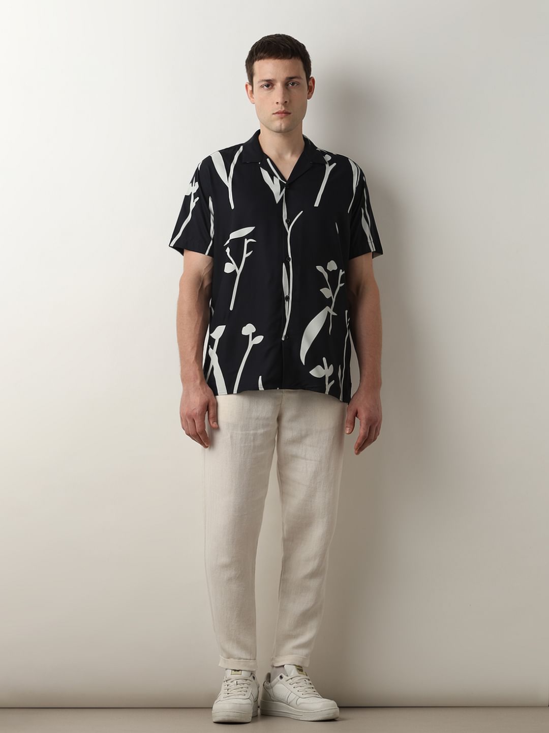 Dark Blue Printed Cuban Collar Shirt