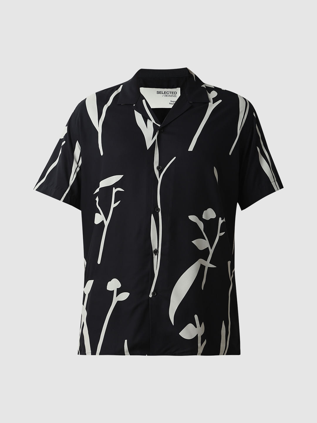 Dark Blue Printed Cuban Collar Shirt