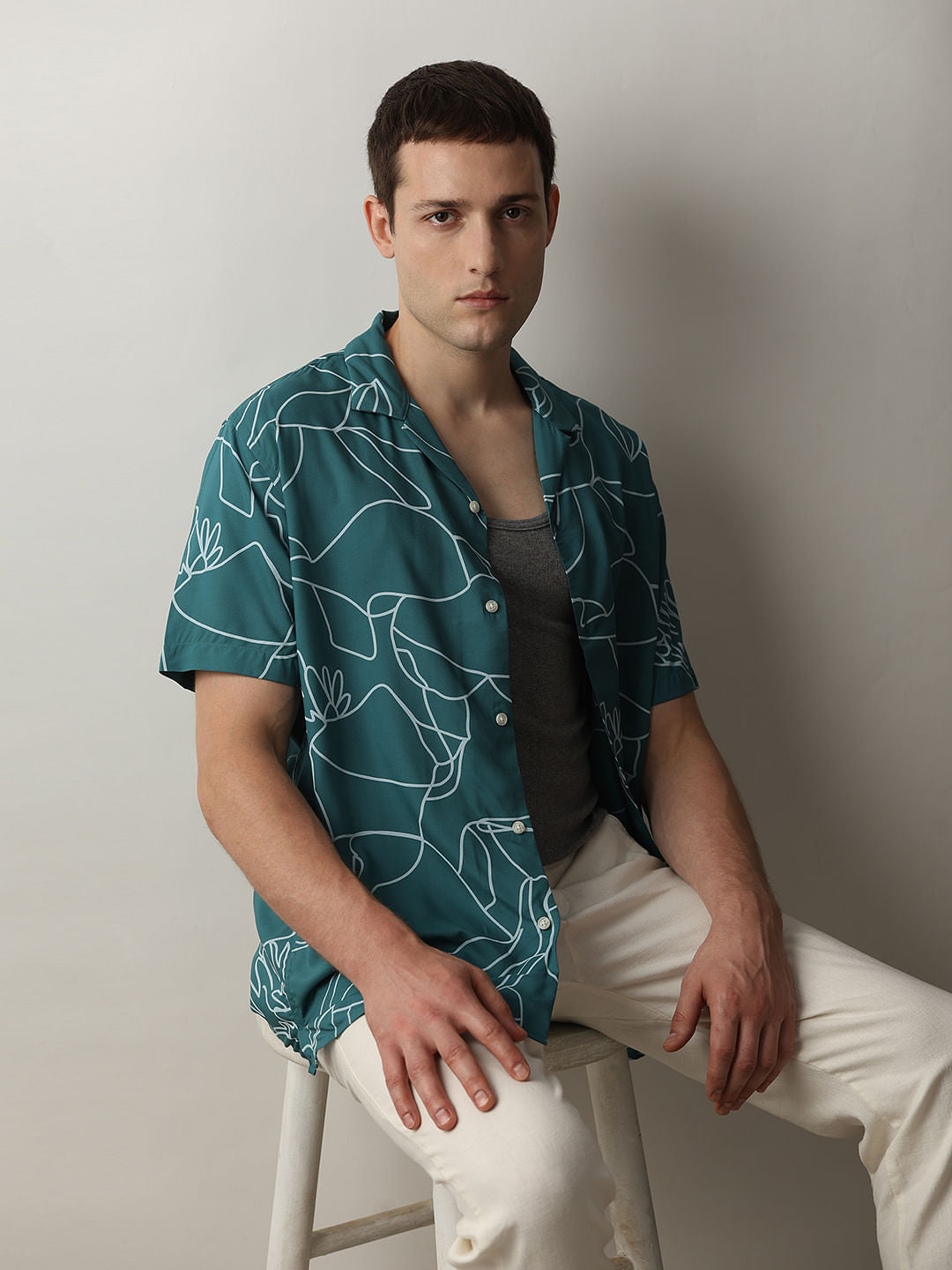 Green Printed Cuban Collar Shirt
