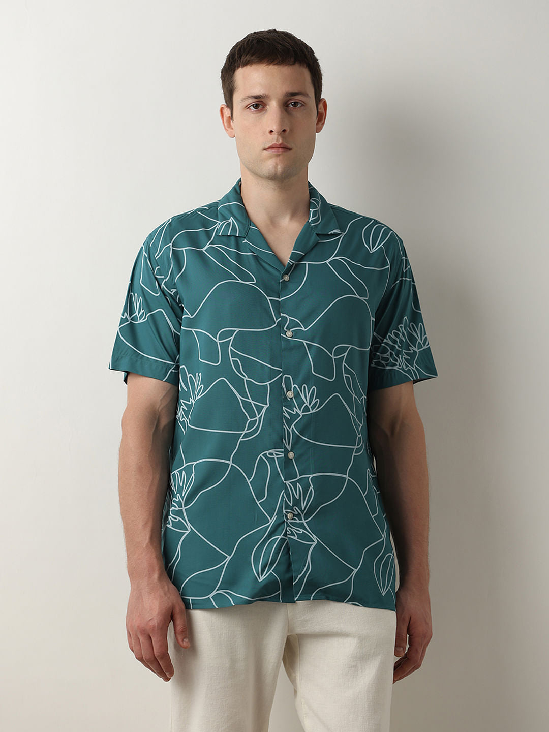 Green Printed Cuban Collar Shirt