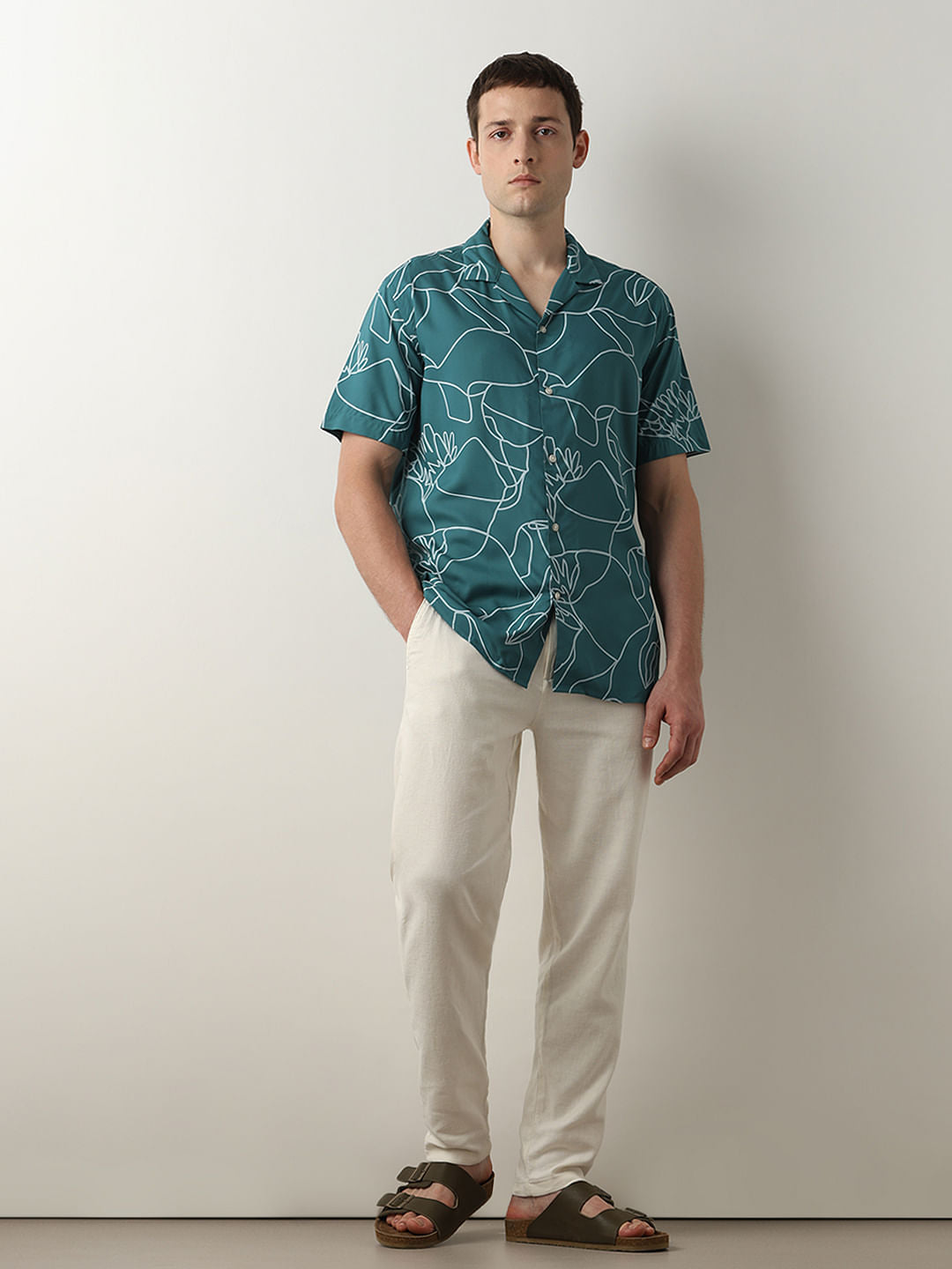 Green Printed Cuban Collar Shirt