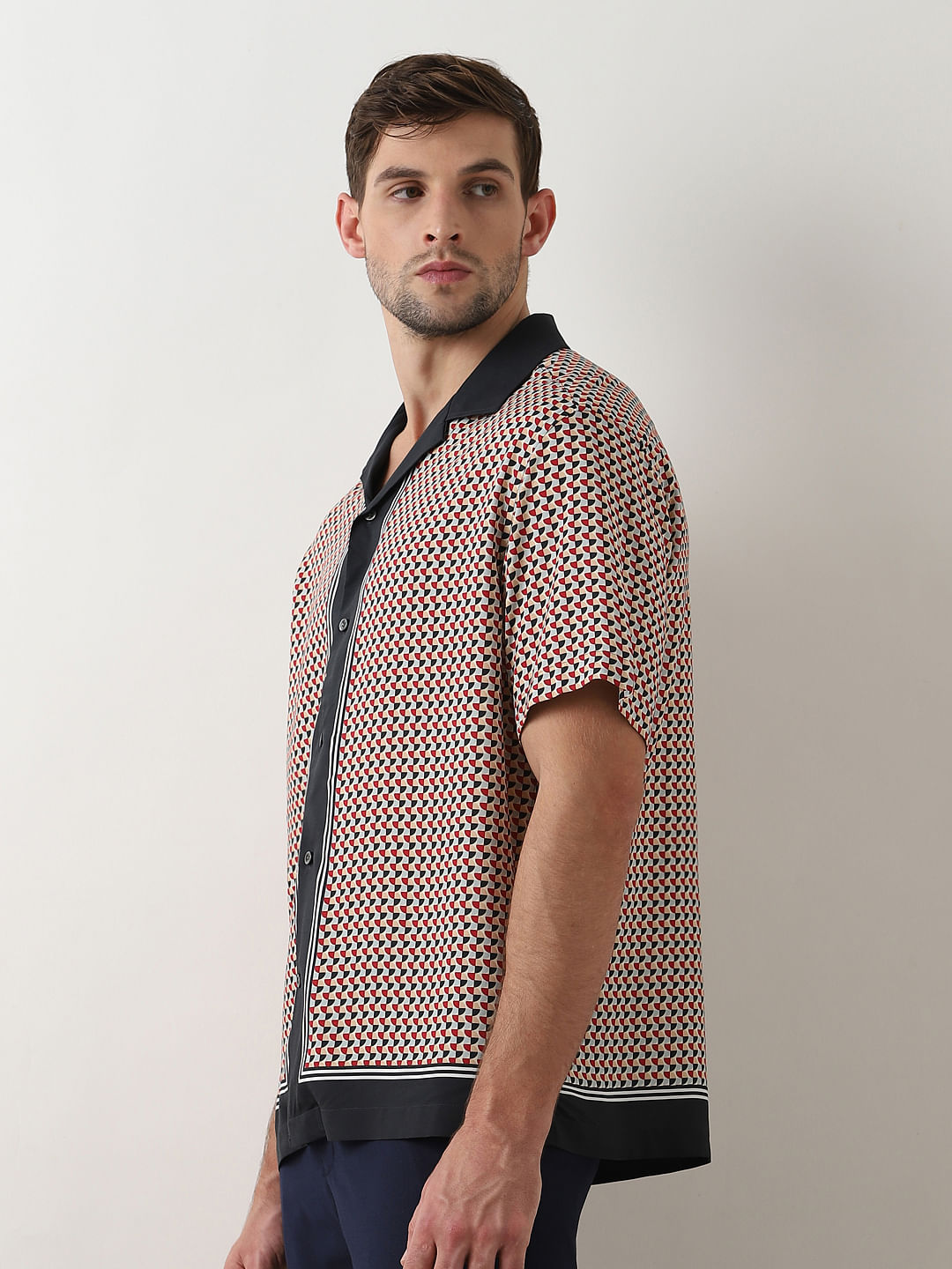 Red Printed Cuban Collar Oversized Shirt