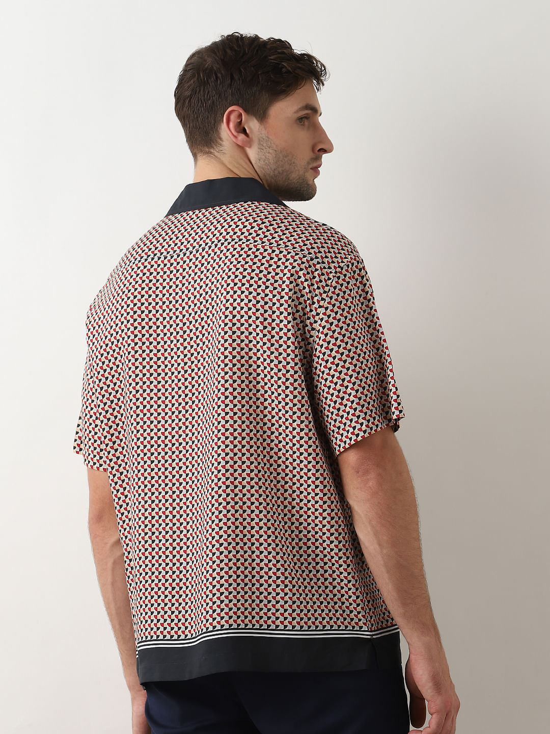 Red Printed Cuban Collar Oversized Shirt