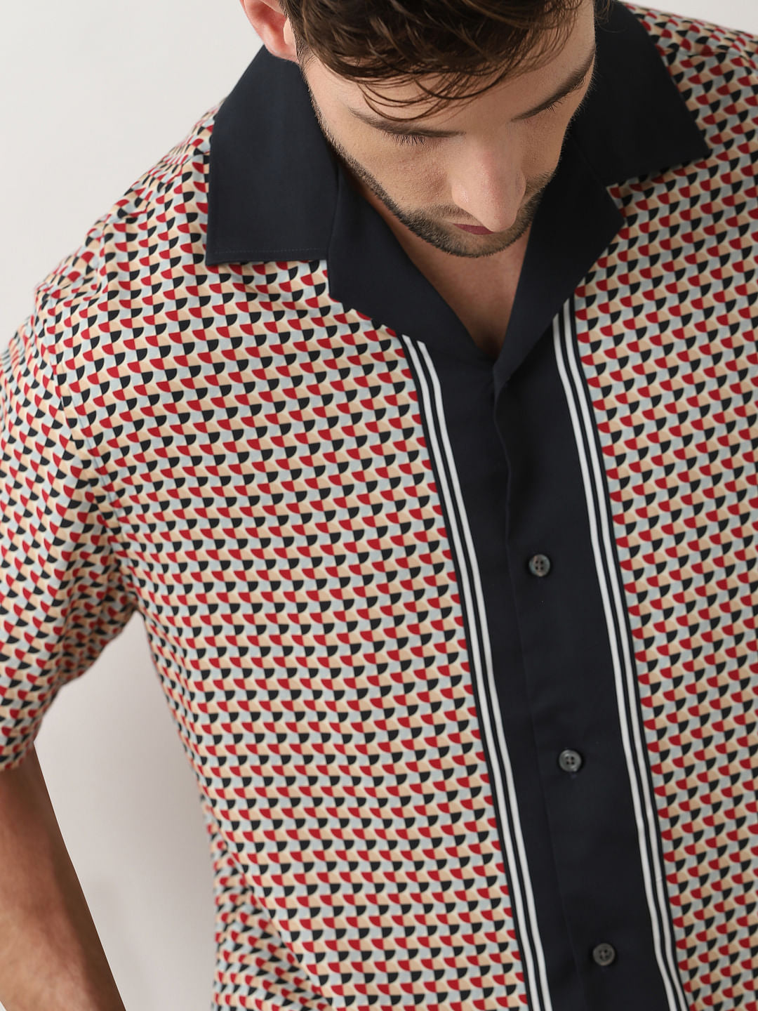 Red Printed Cuban Collar Oversized Shirt