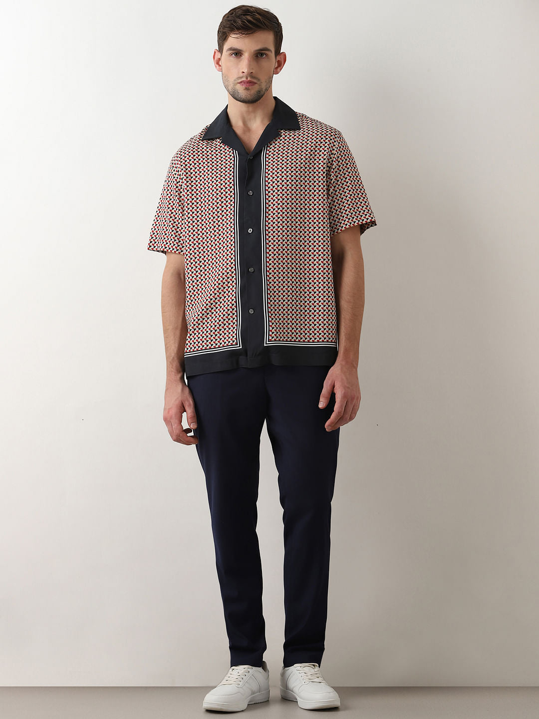 Red Printed Cuban Collar Oversized Shirt