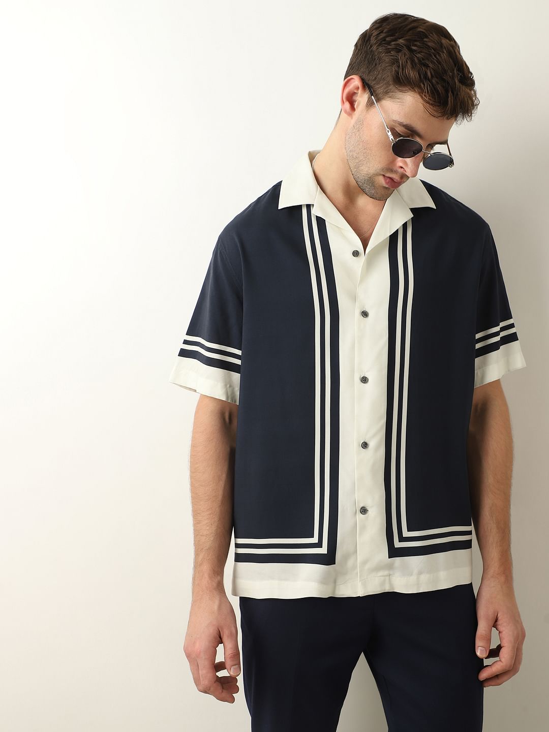 Blue Colourblocked Cuban Collar Oversized Shirt