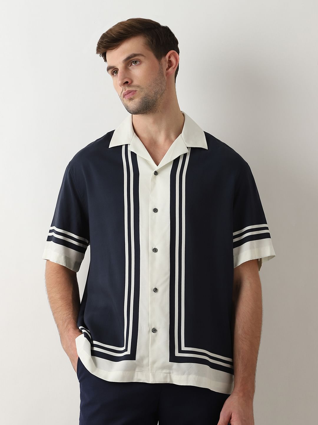 Blue Colourblocked Cuban Collar Oversized Shirt