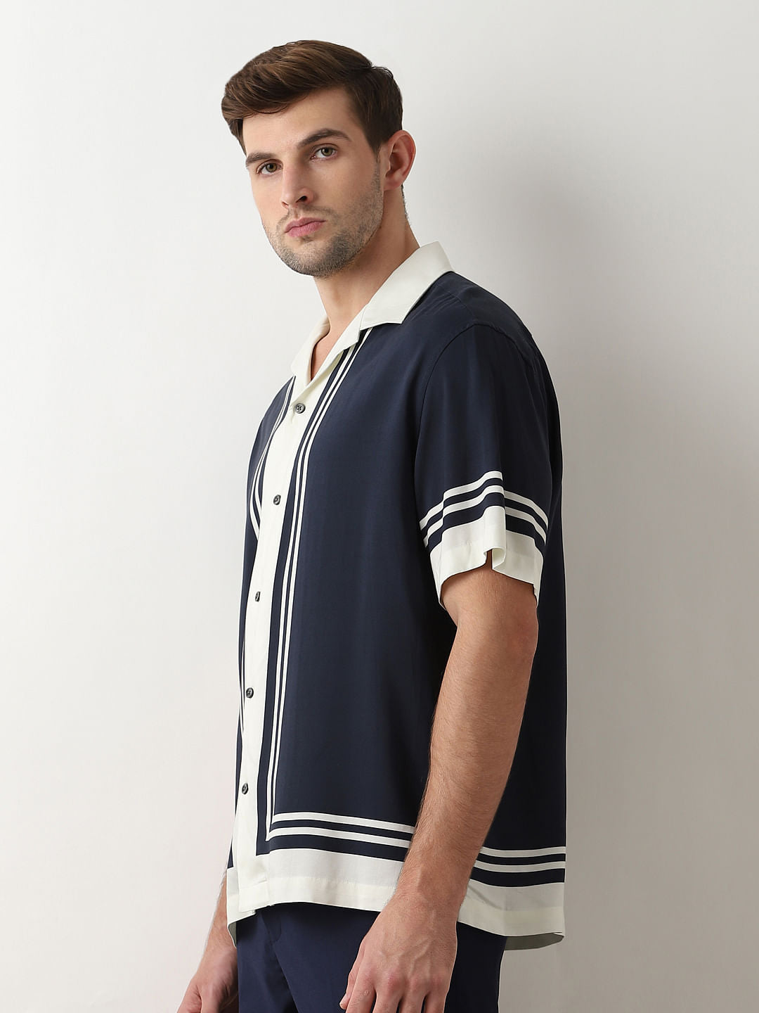 Blue Colourblocked Cuban Collar Oversized Shirt