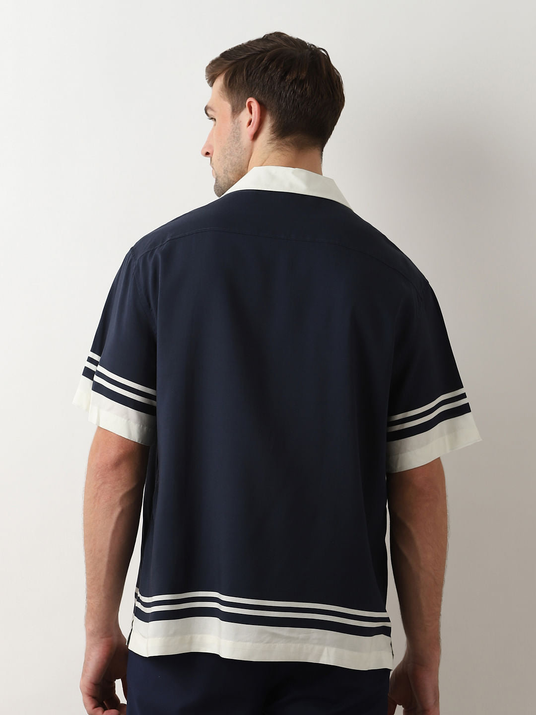 Blue Colourblocked Cuban Collar Oversized Shirt