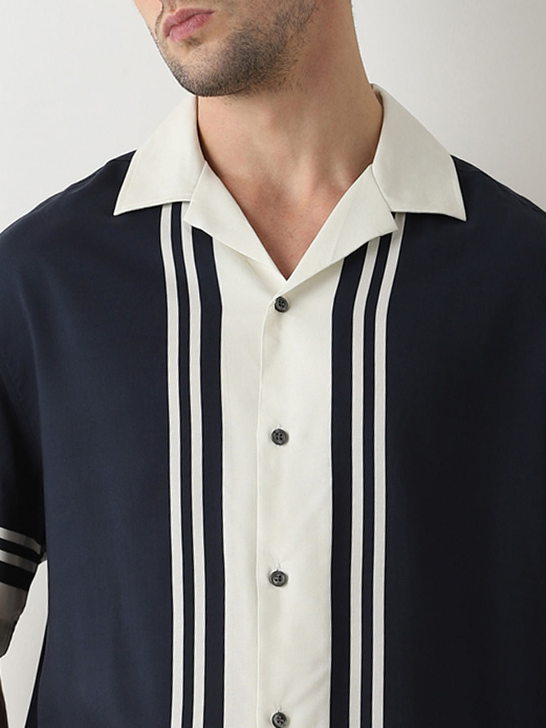 Blue Colourblocked Cuban Collar Oversized Shirt