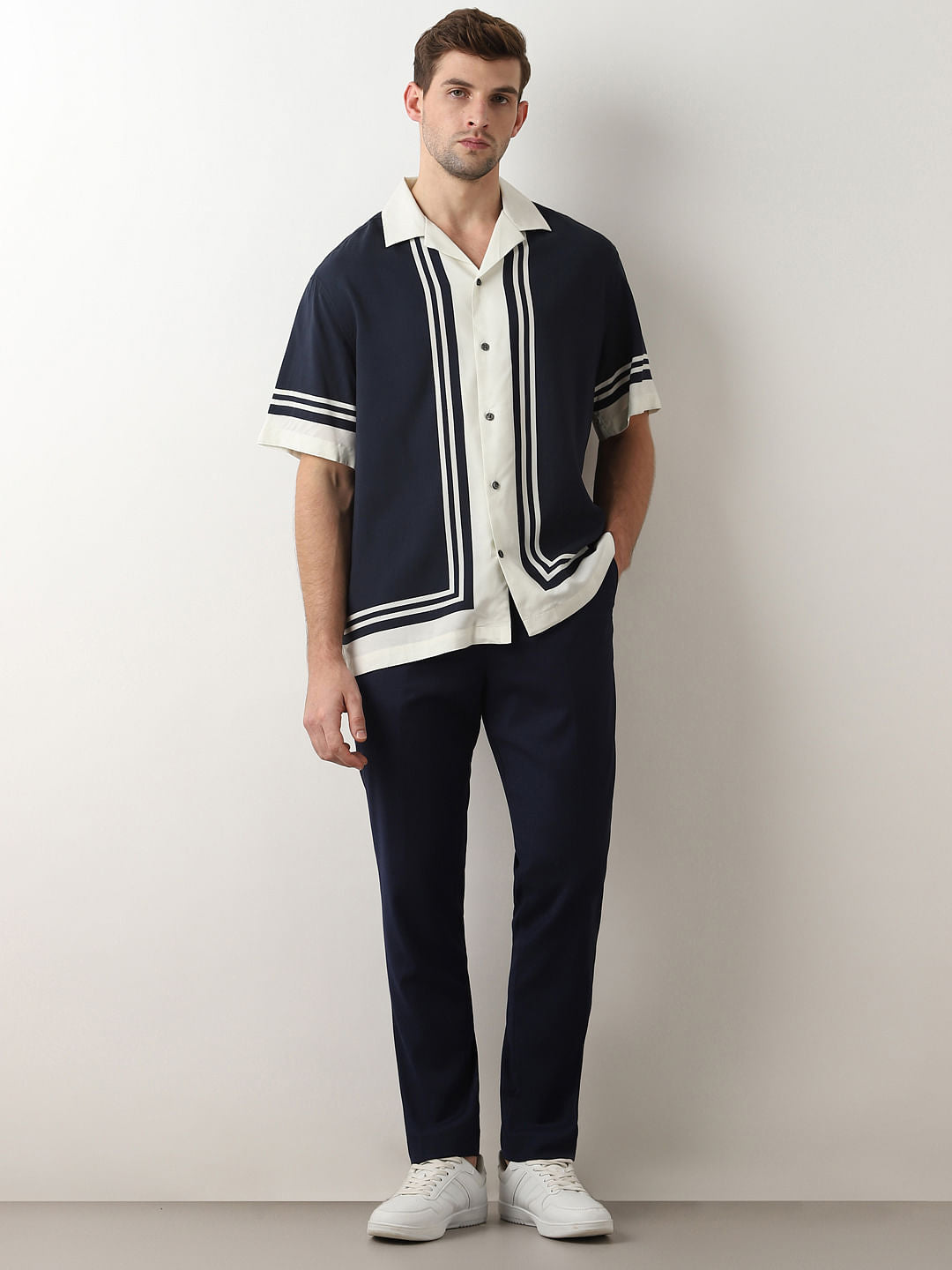 Blue Colourblocked Cuban Collar Oversized Shirt