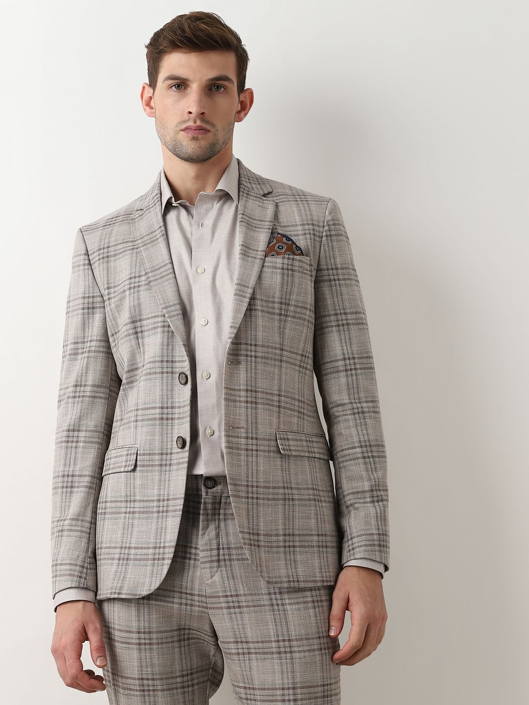 Light Brown Check Suit-Set Blazer