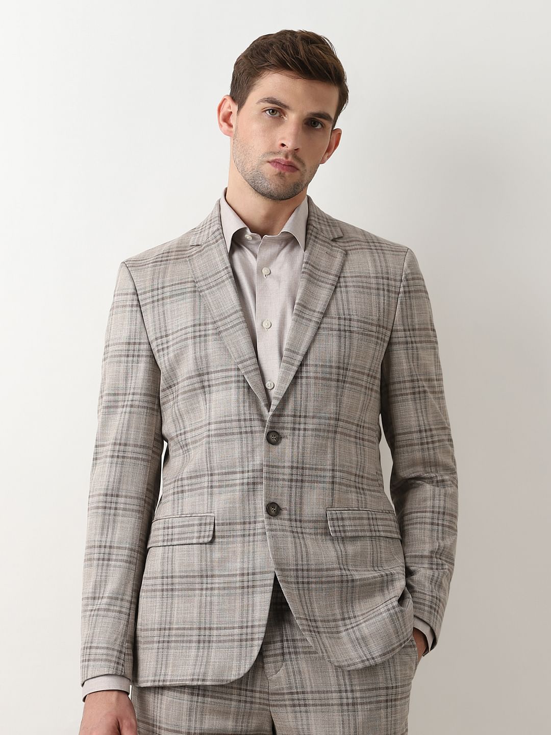 Light Brown Check Suit-Set Blazer