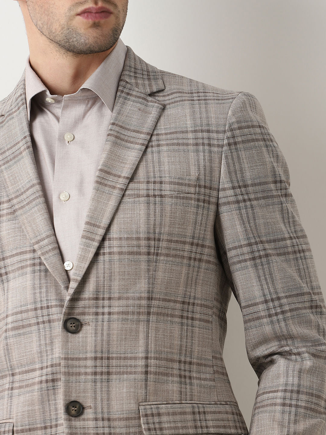 Light Brown Check Suit-Set Blazer