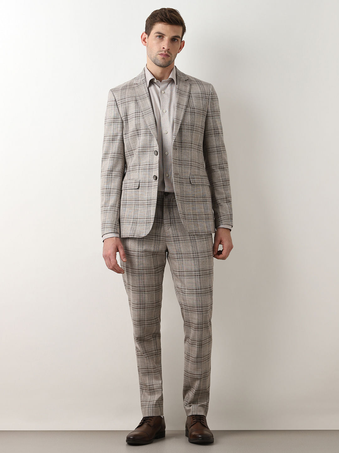 Light Brown Check Suit-Set Blazer