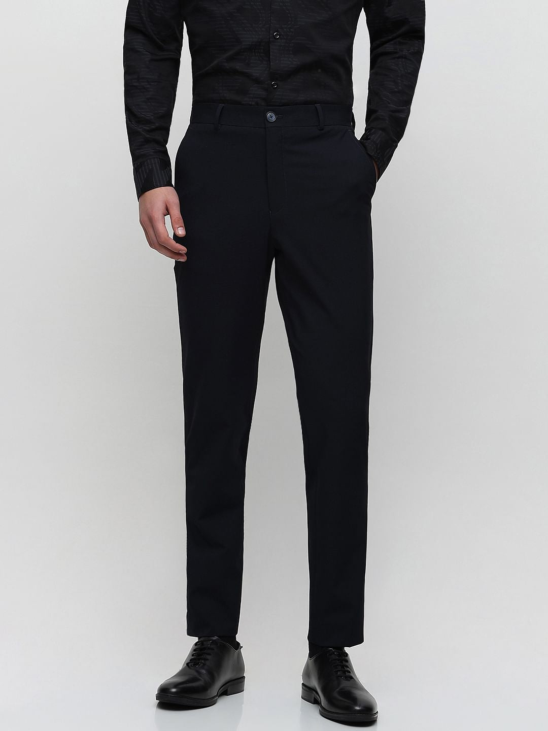 Dark Blue Mid Rise Slim Fit Tailored Trousers