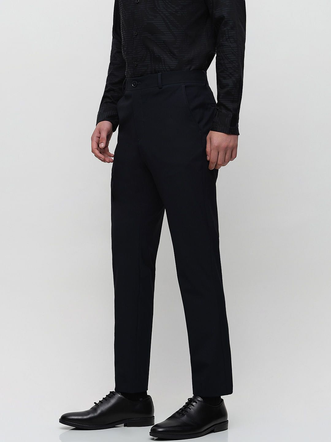 Dark Blue Mid Rise Slim Fit Tailored Trousers
