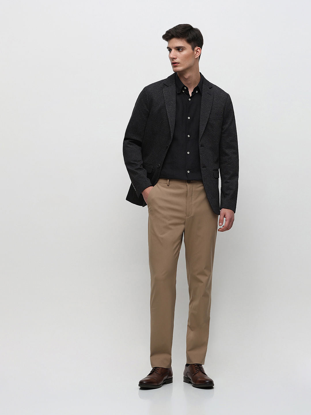 Brown Mid Rise Slim Fit Tailored Trousers