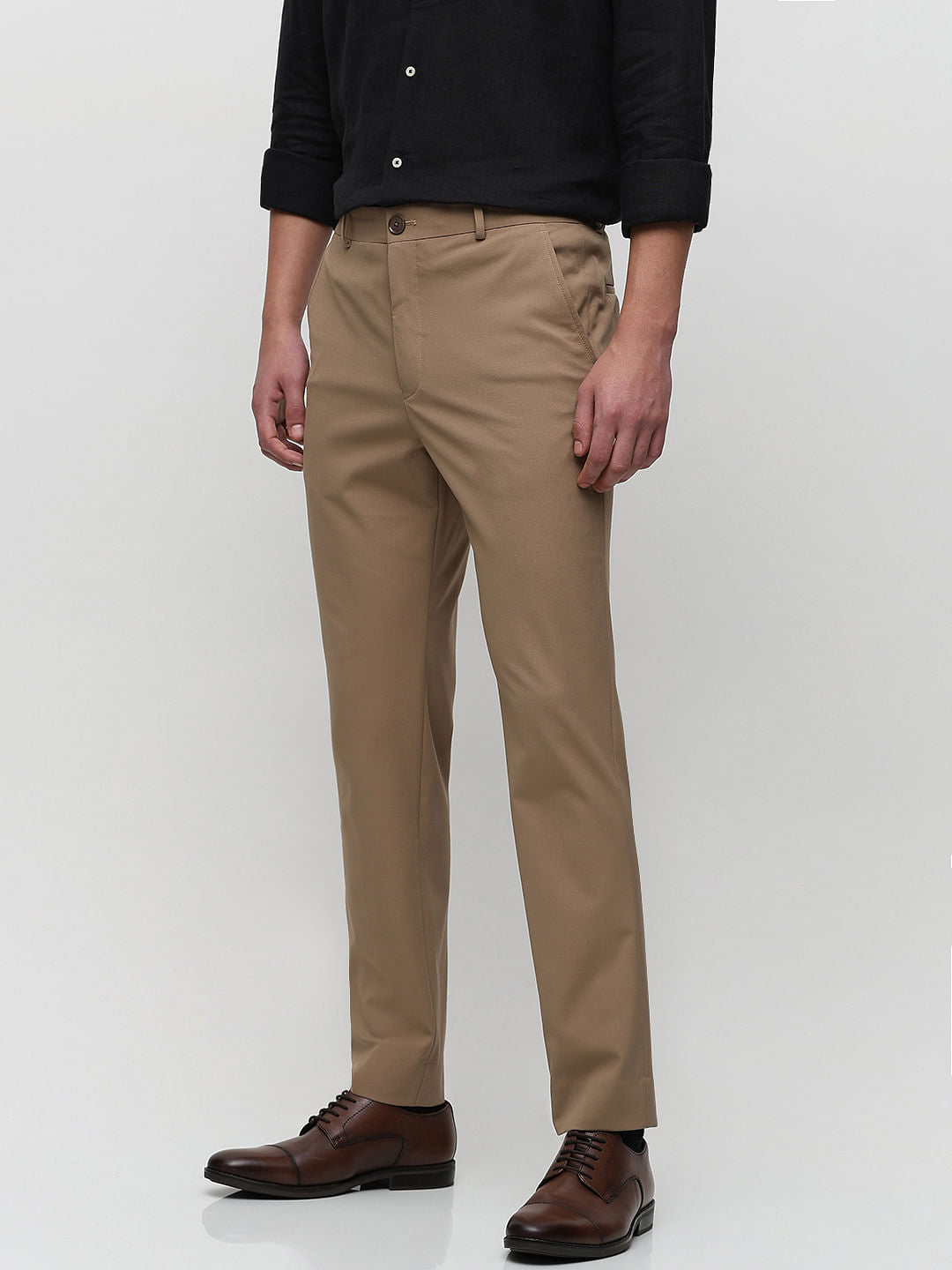 Brown Mid Rise Slim Fit Tailored Trousers