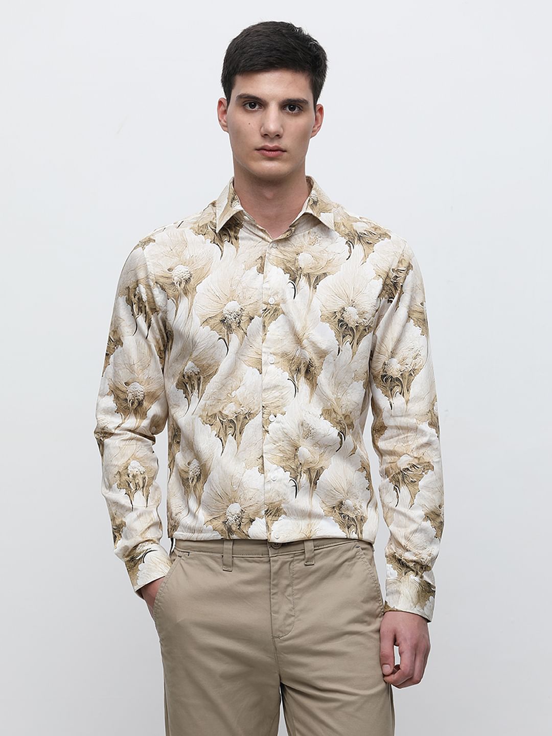 Beige Floral Print Cotton Shirt