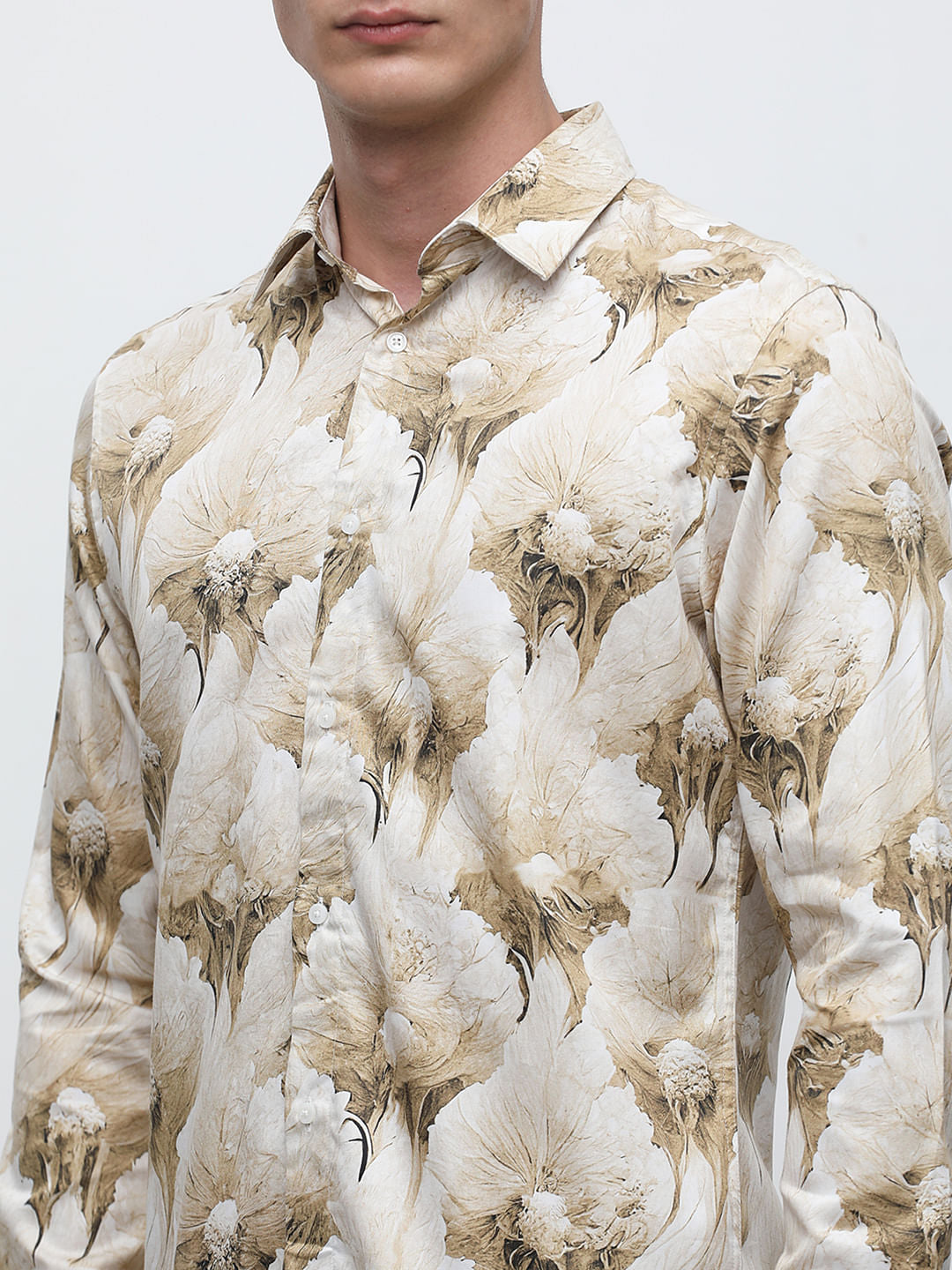 Beige Floral Print Cotton Shirt