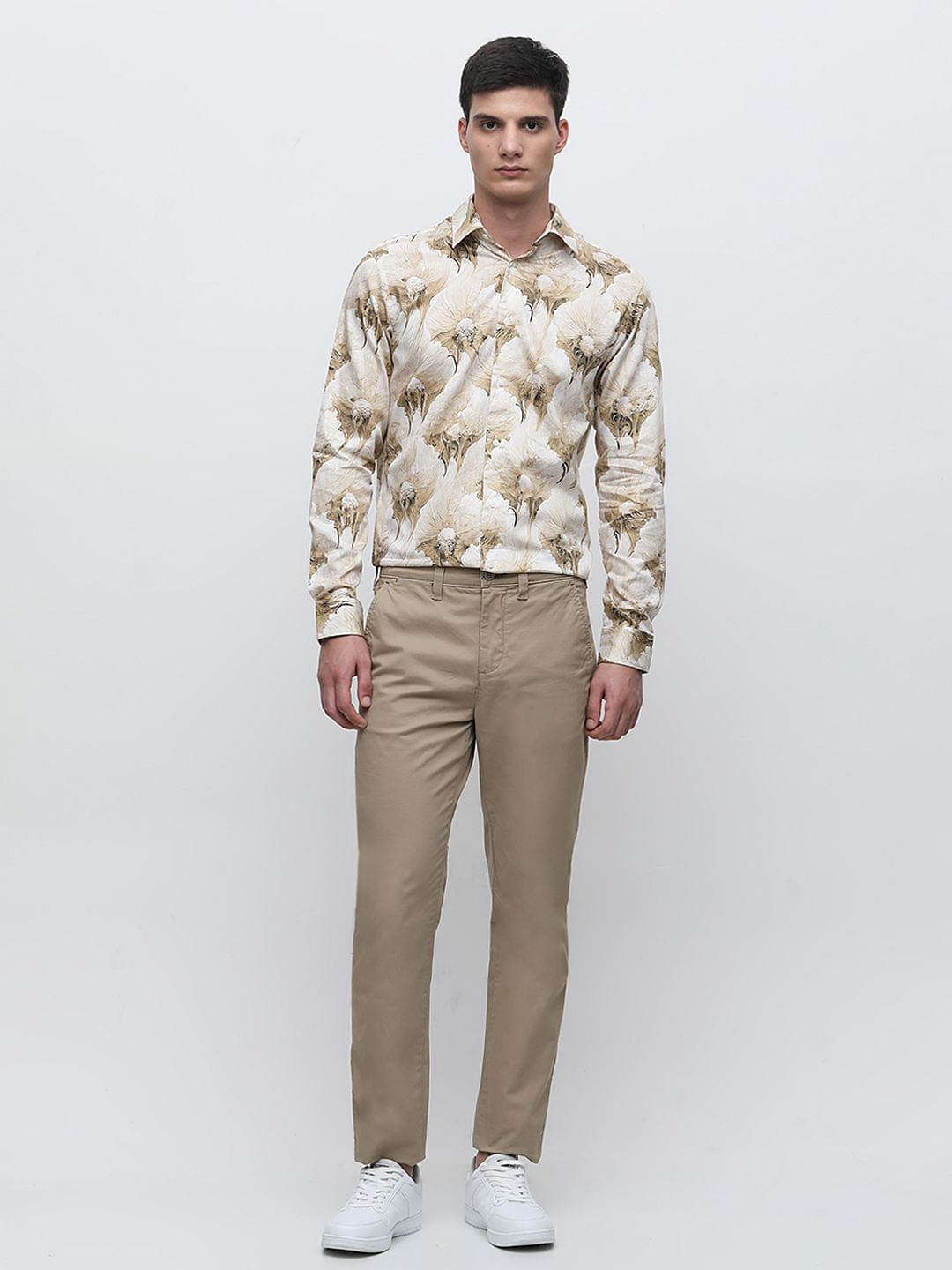 Beige Floral Print Cotton Shirt