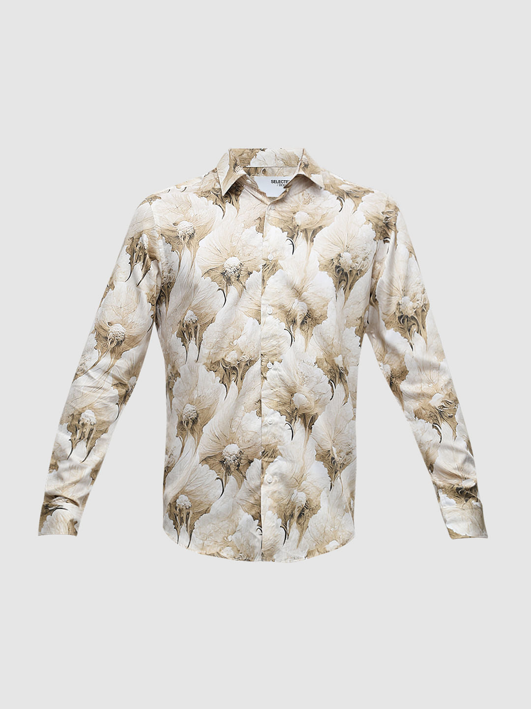 Beige Floral Print Cotton Shirt