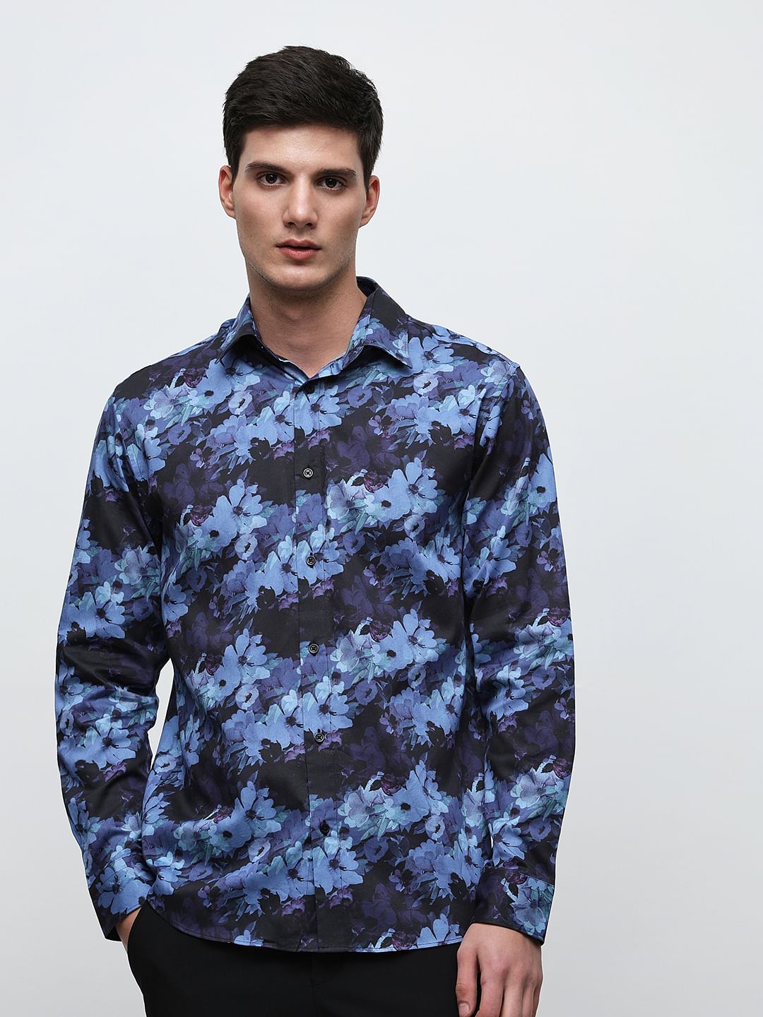 Blue Floral Print Cotton Shirt