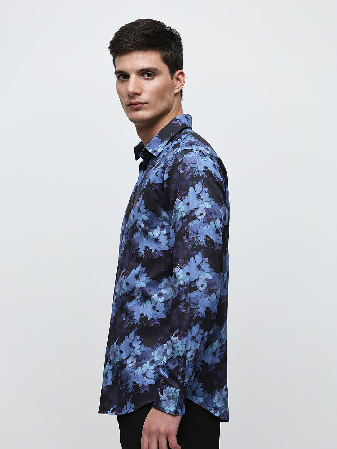Blue Floral Print Cotton Shirt
