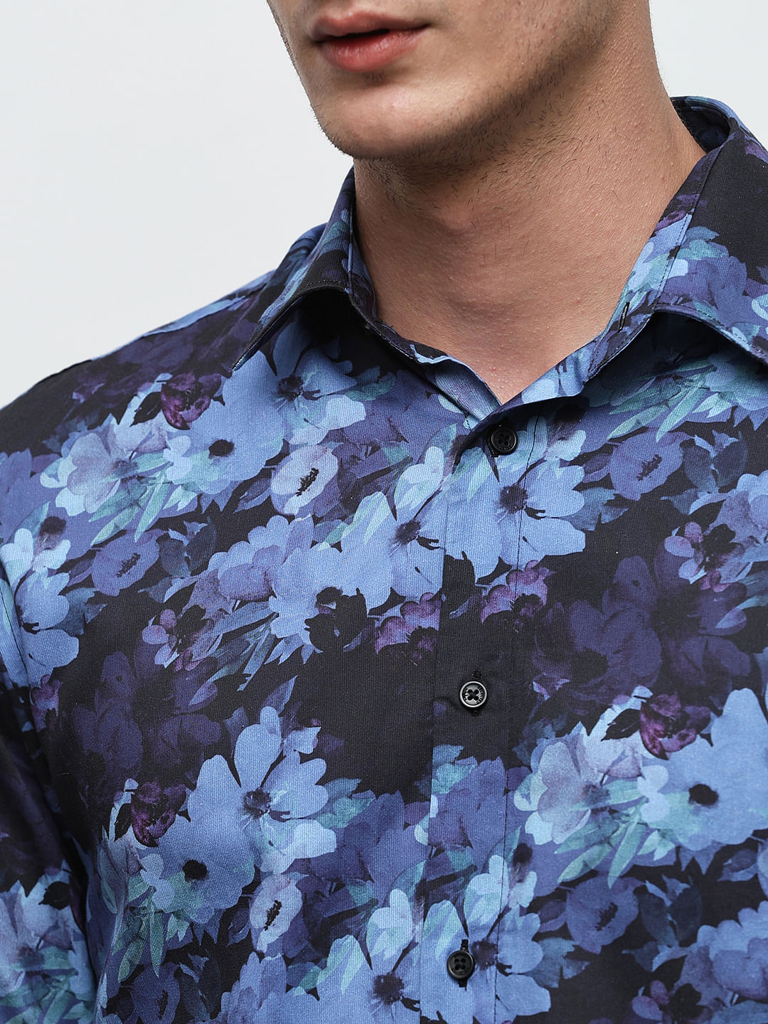 Blue Floral Print Cotton Shirt