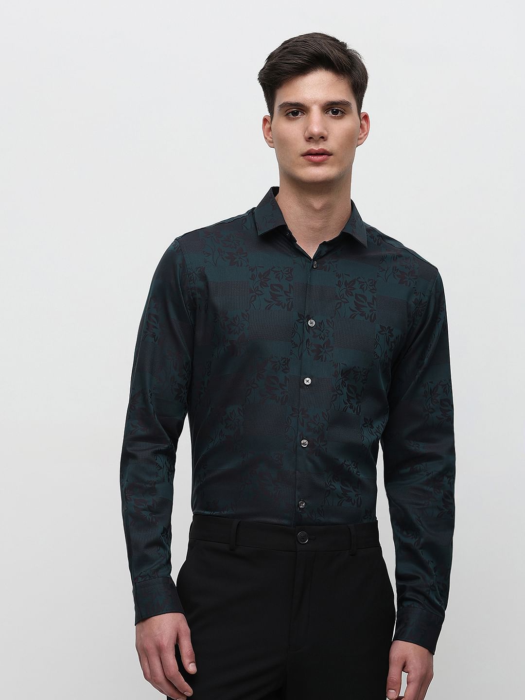 Dark Green Floral Print Cotton Shirt