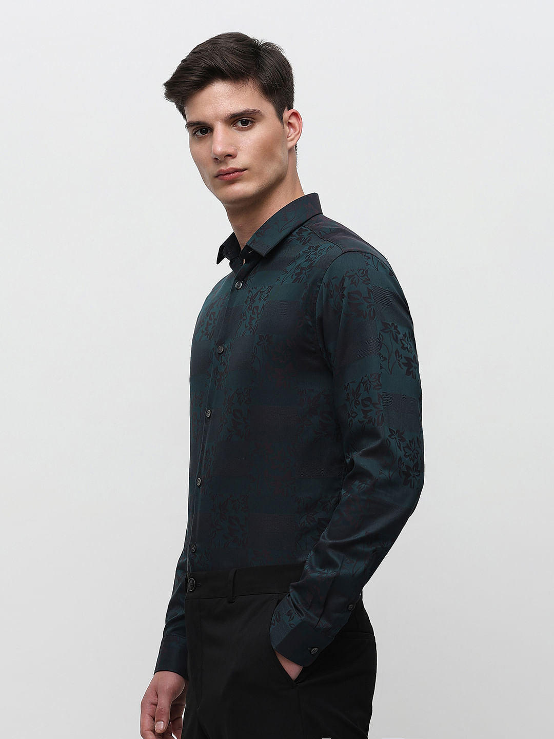 Dark Green Floral Print Cotton Shirt