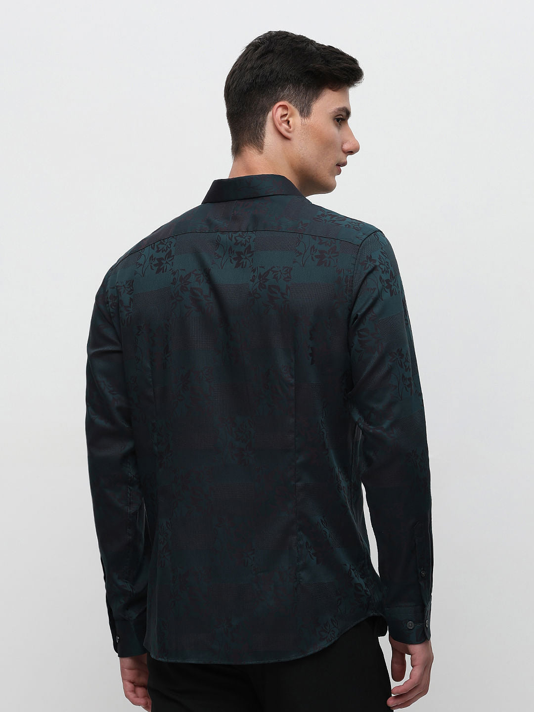 Dark Green Floral Print Cotton Shirt