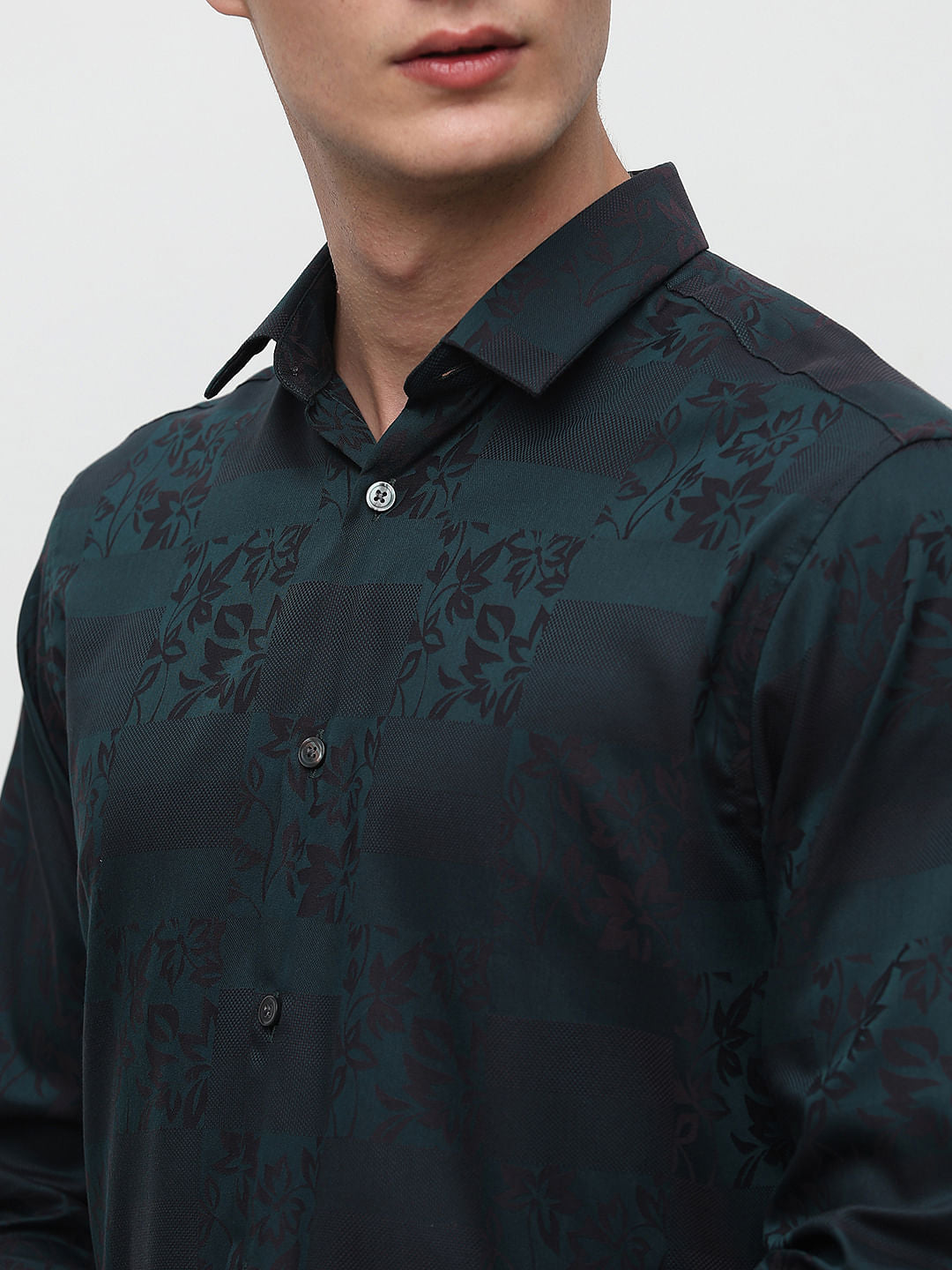 Dark Green Floral Print Cotton Shirt