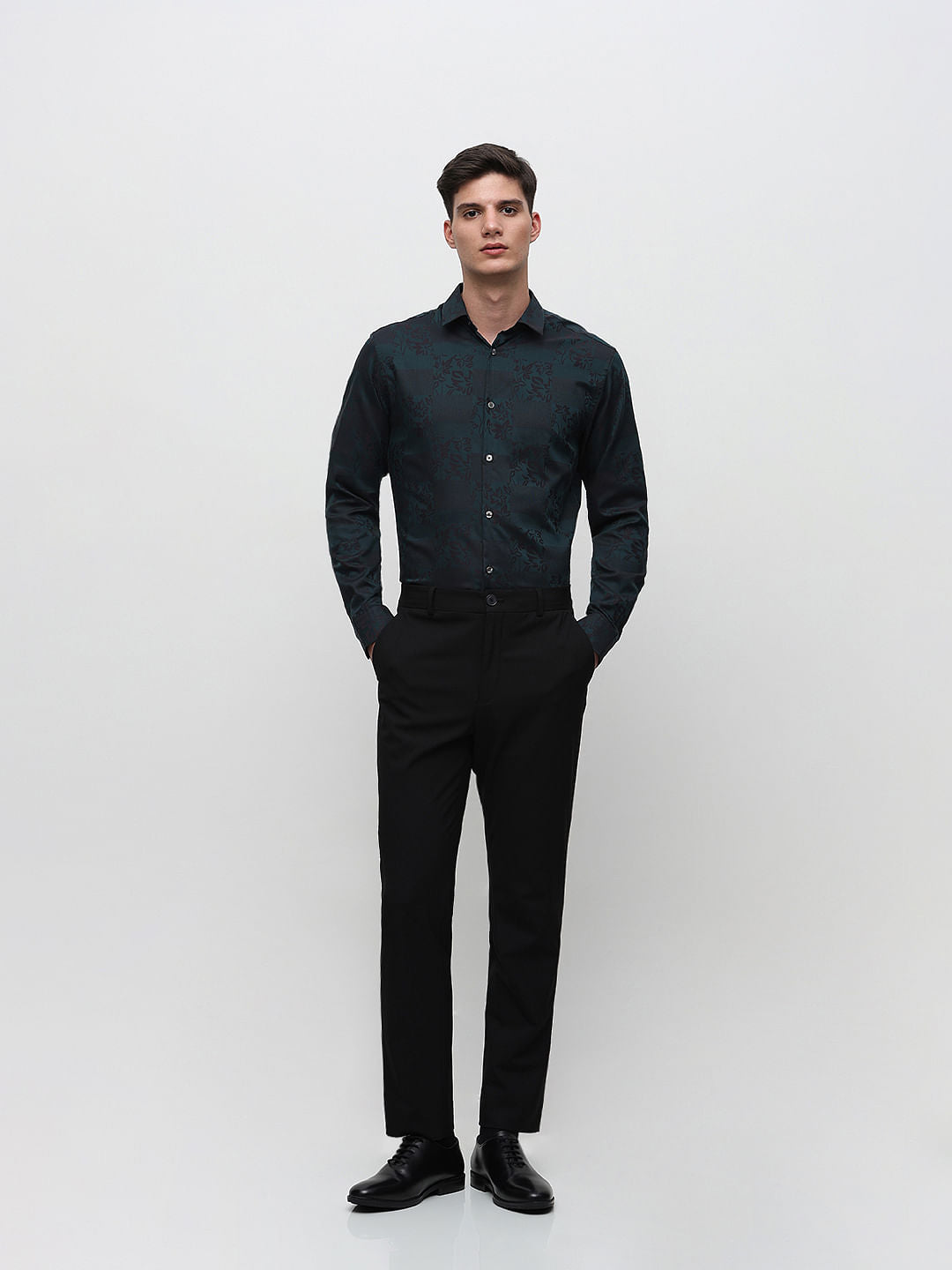 Dark Green Floral Print Cotton Shirt