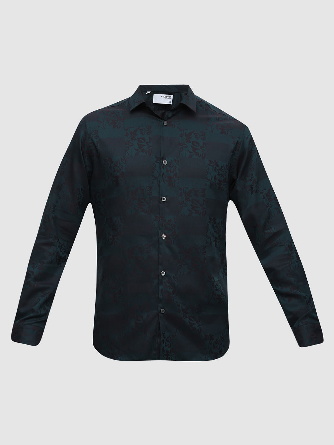 Dark Green Floral Print Cotton Shirt