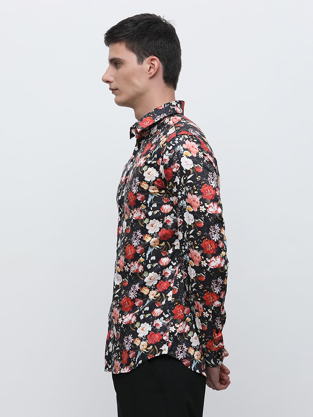 Black Floral Print Cotton Shirt
