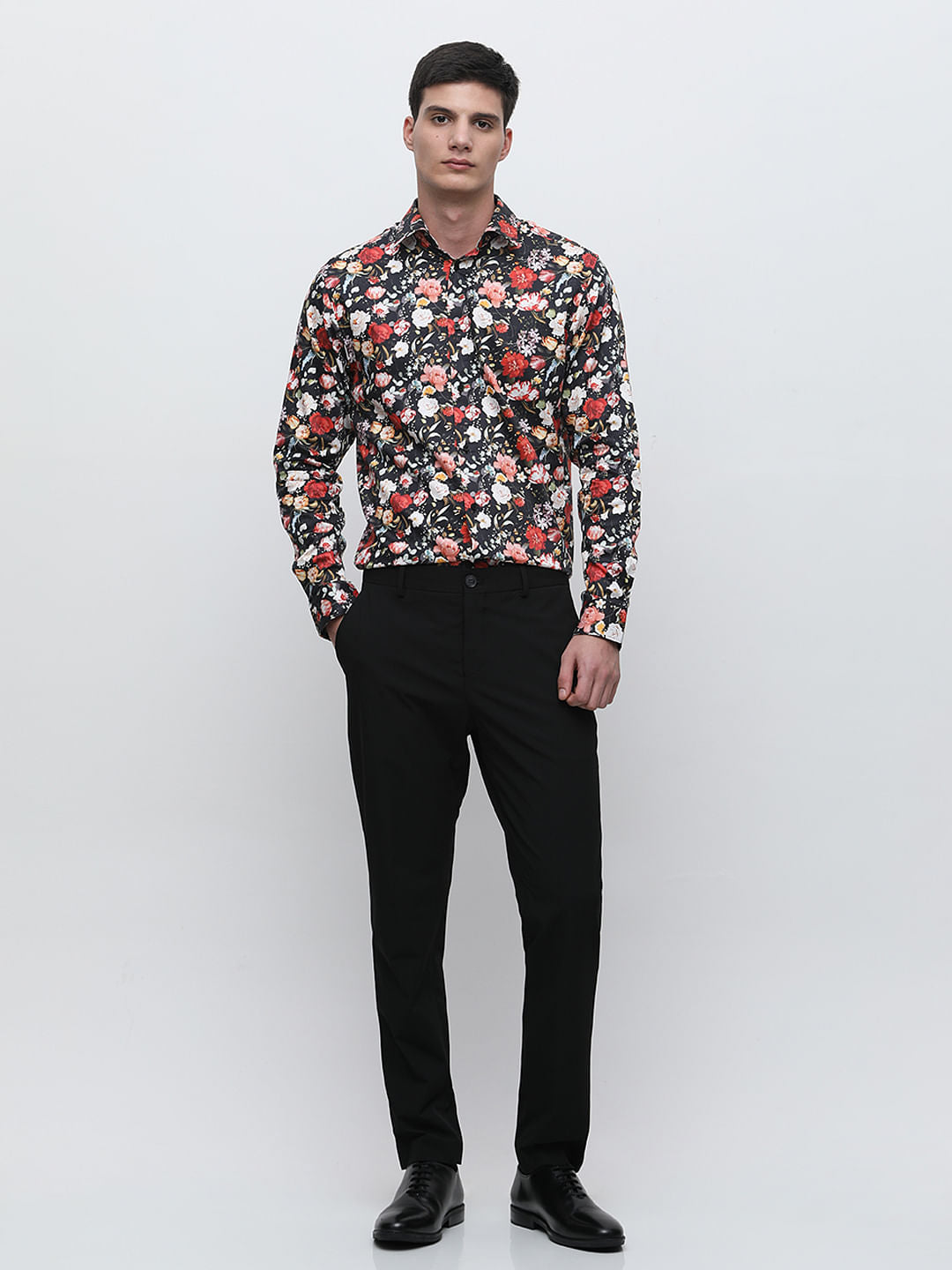 Black Floral Print Cotton Shirt