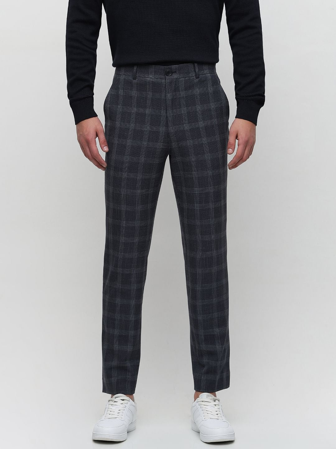 Grey Mid Rise Check Tailored Trousers
