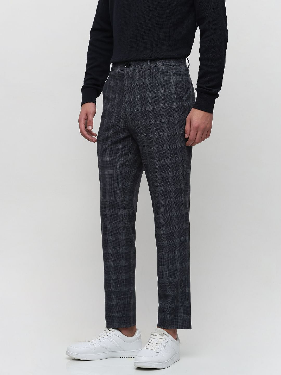 Grey Mid Rise Check Tailored Trousers