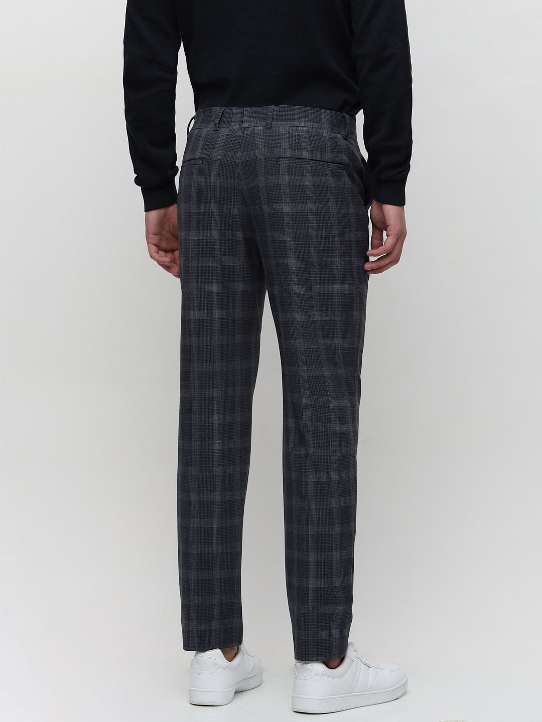 Grey Mid Rise Check Tailored Trousers