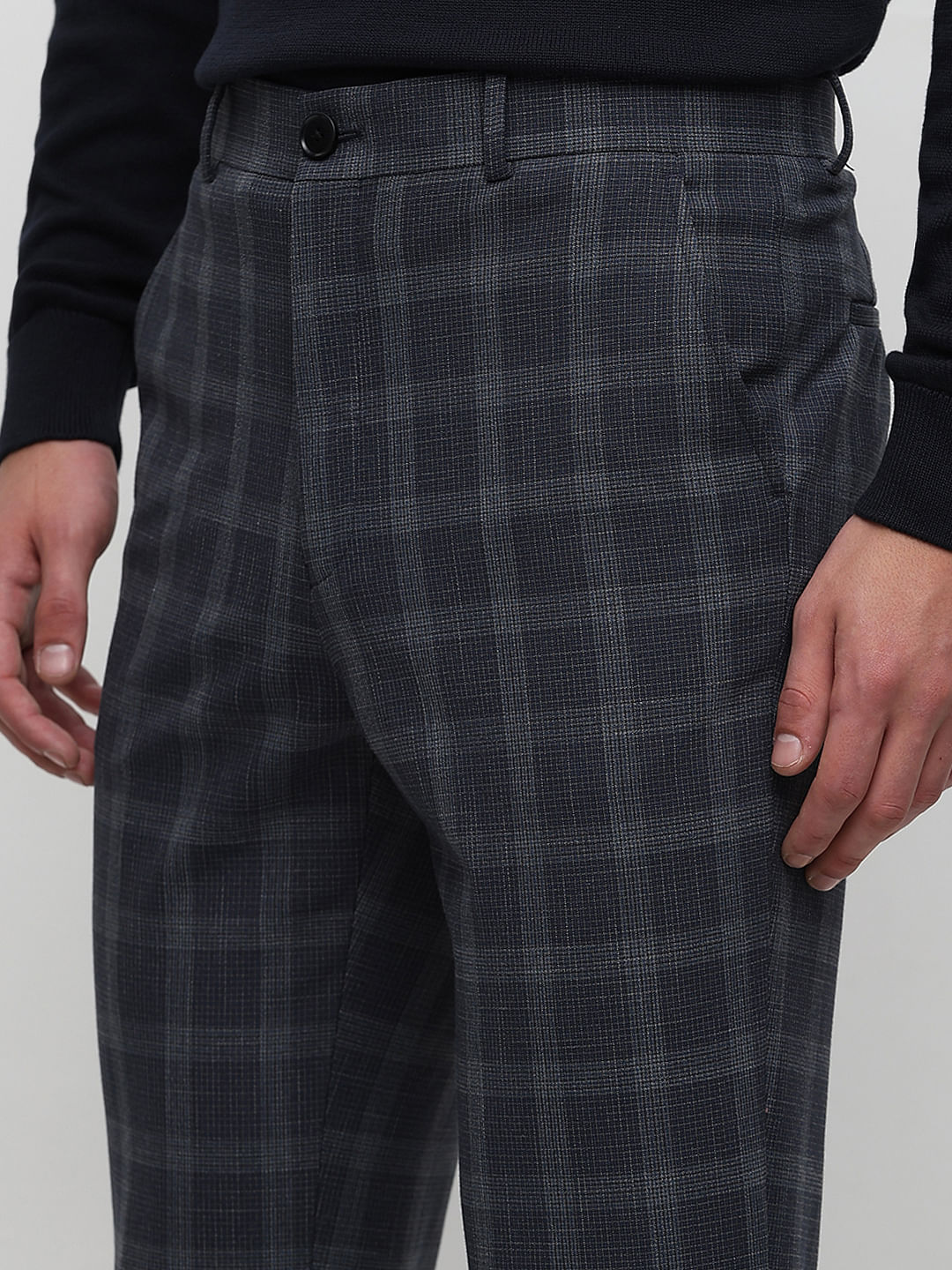 Grey Mid Rise Check Tailored Trousers