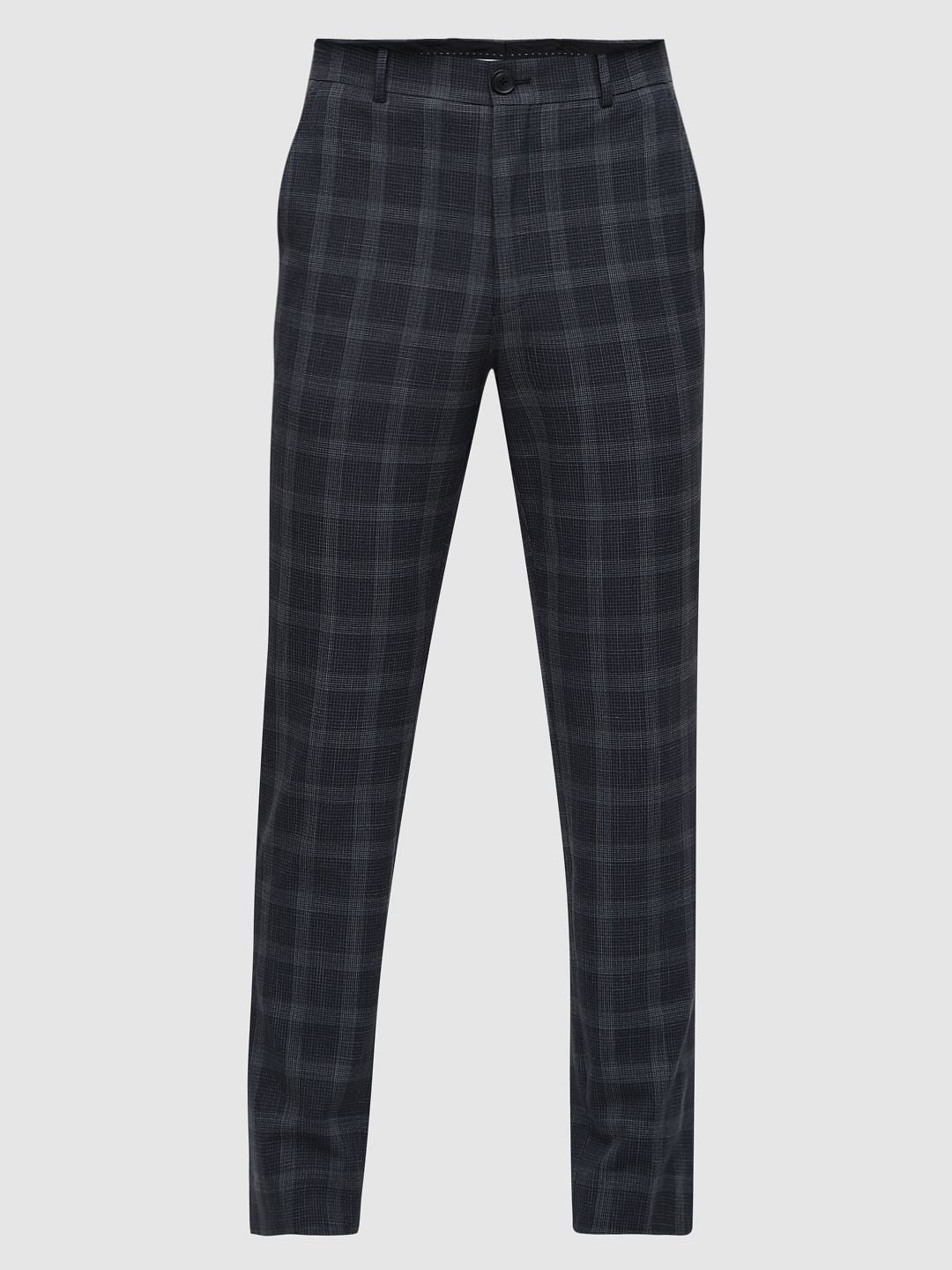 Grey Mid Rise Check Tailored Trousers