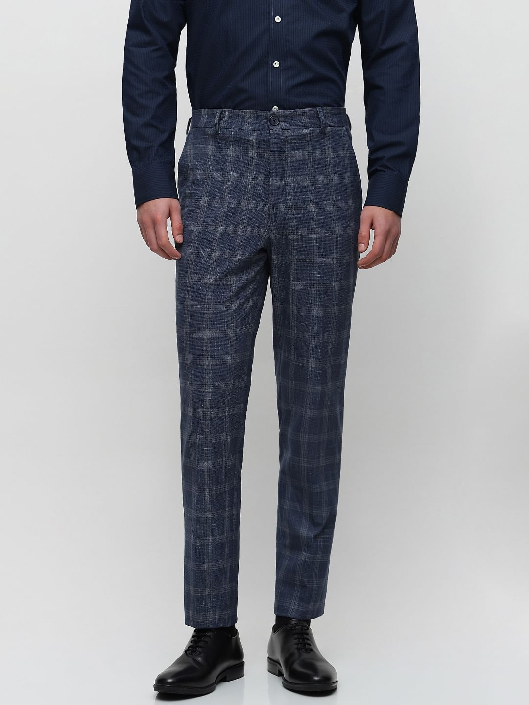 Blue Mid Rise Striped Tailored Trousers