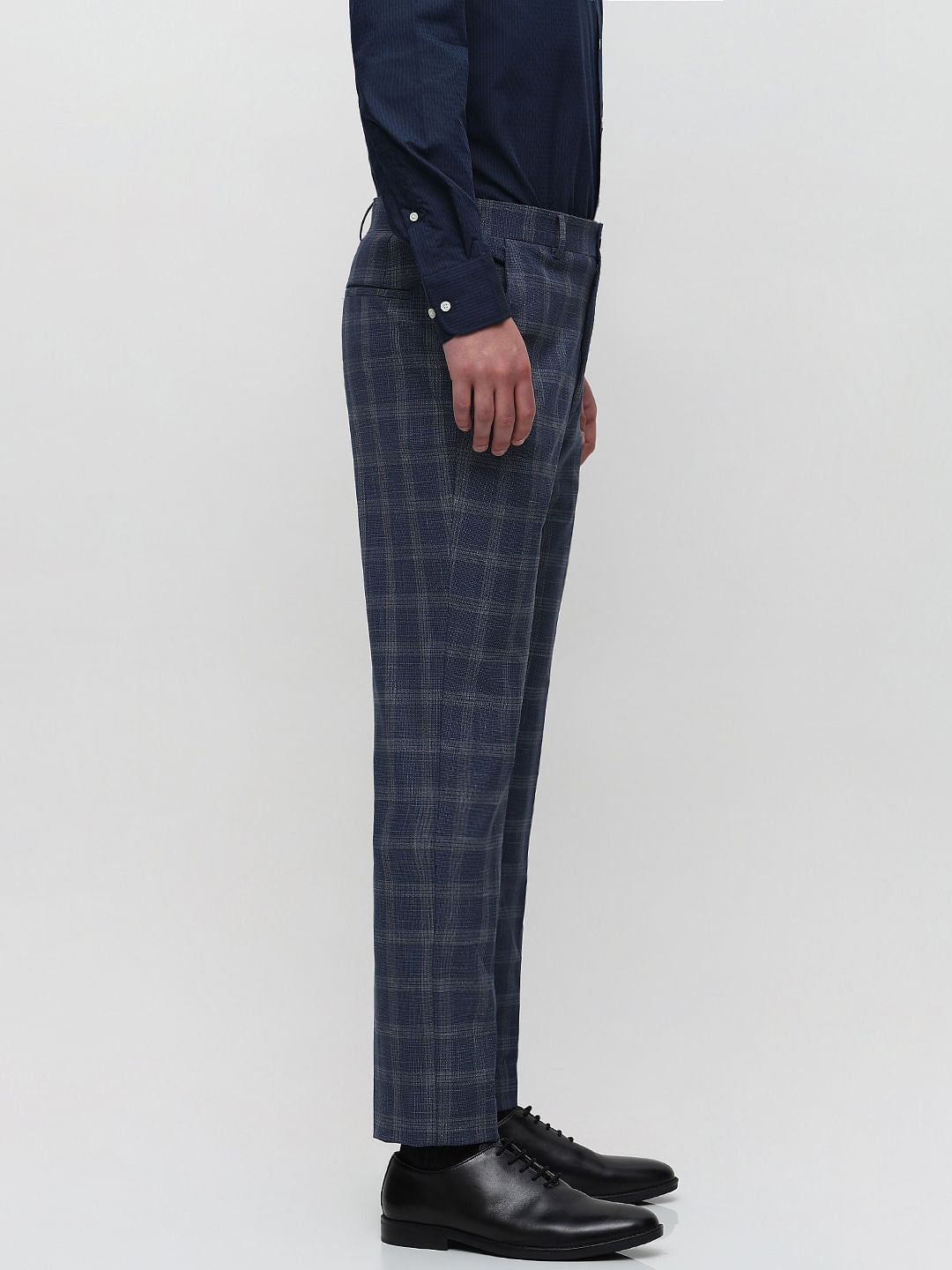 Blue Mid Rise Striped Tailored Trousers