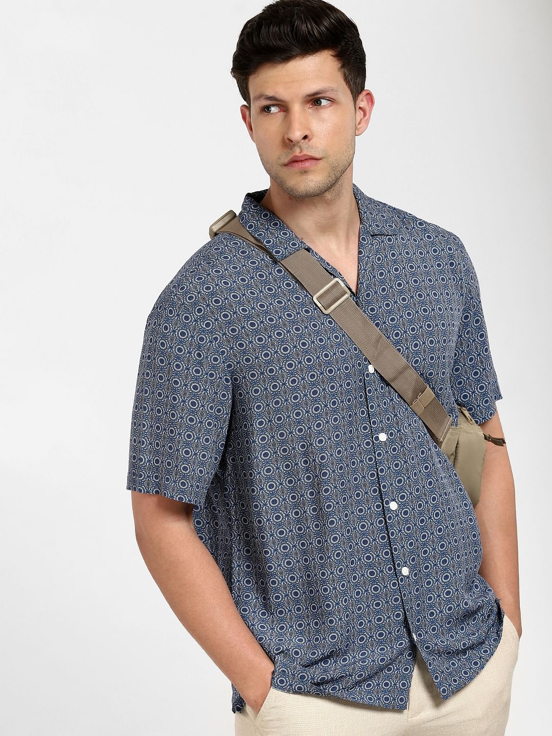 Dark Navy Printed Cuban Collar Shirt